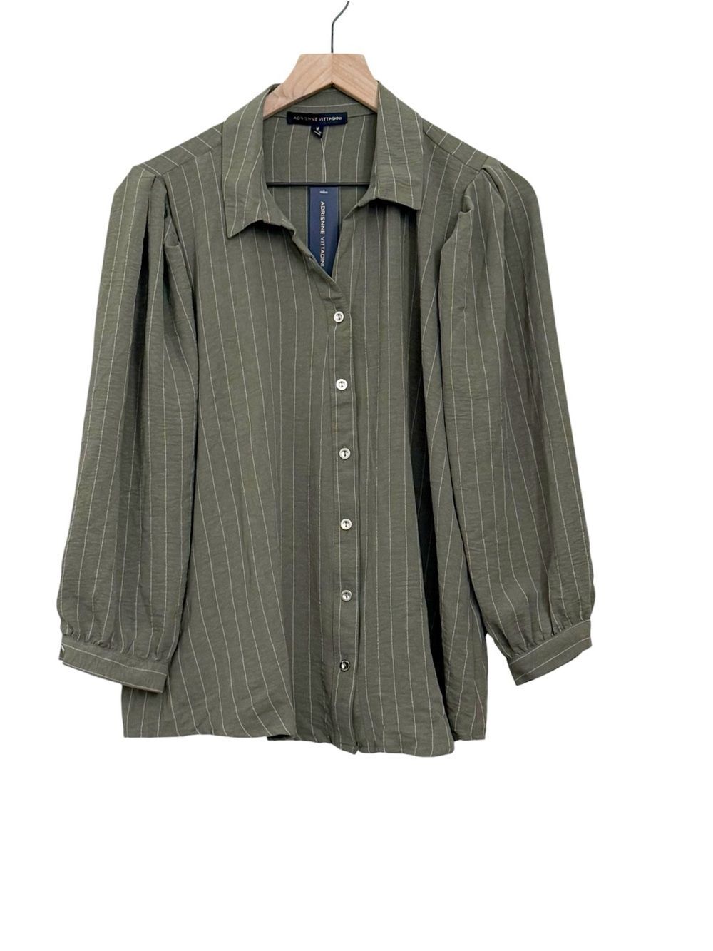 Adrienne Vittadini Green Pinstripe Puff-Sleeve Button Down Shirt Medium NWT